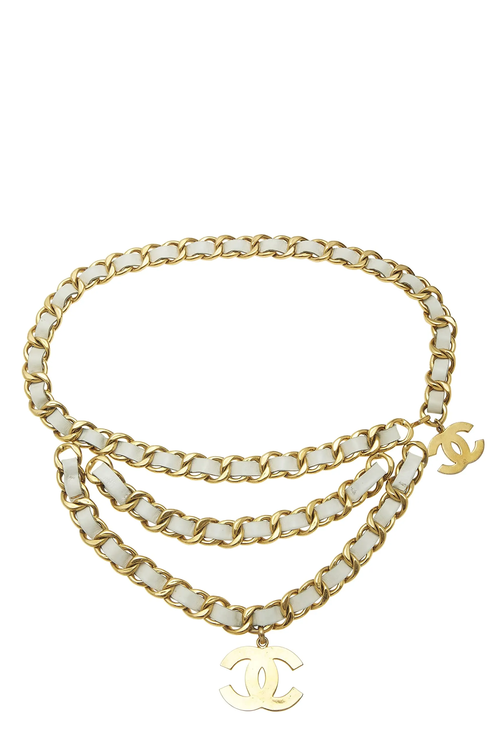 Chanel,  Gold & White Leather Chain Belt 3, White
