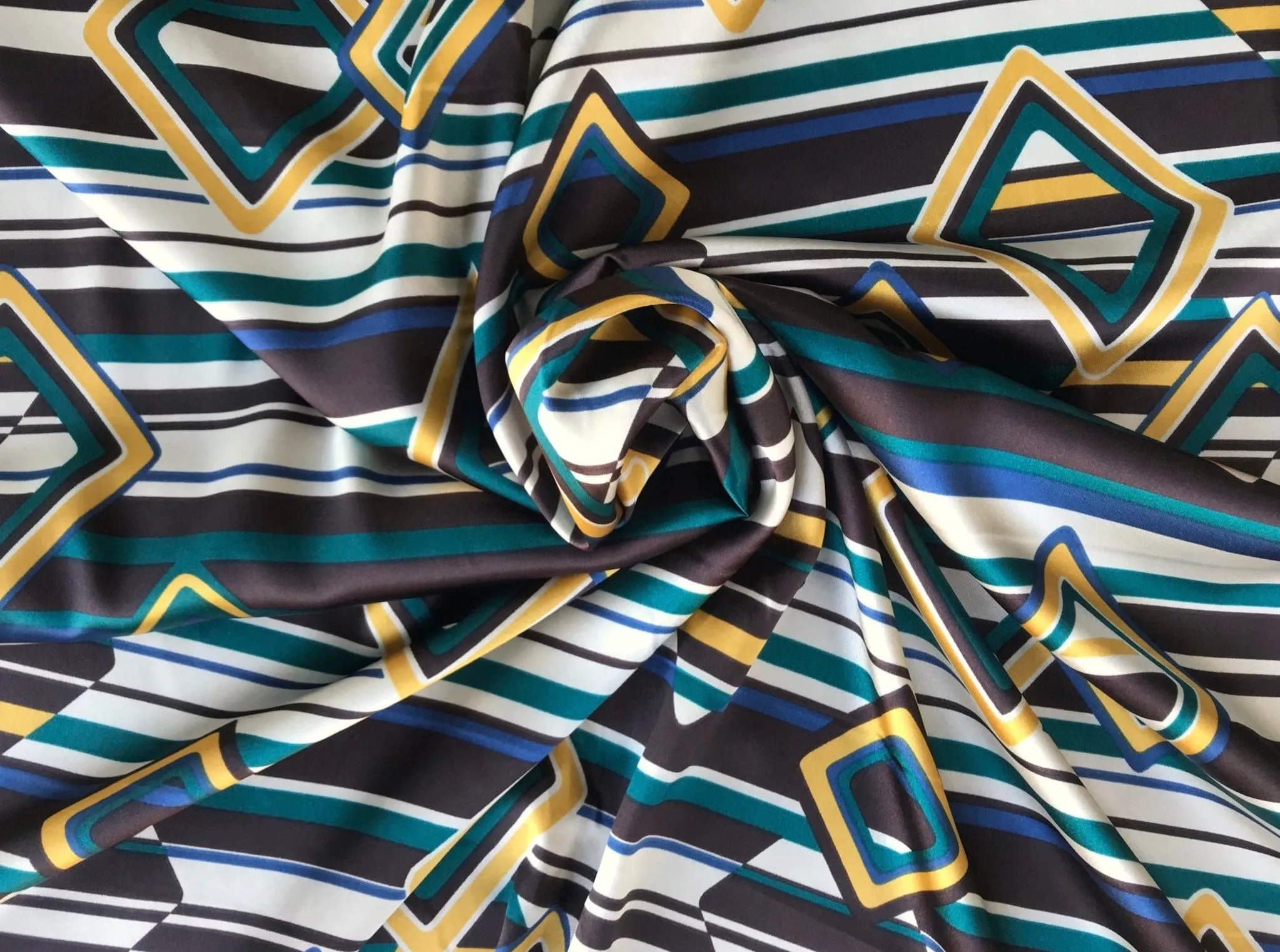 Charmeuse Satin fabric by the yard - Geometric brown mustard print