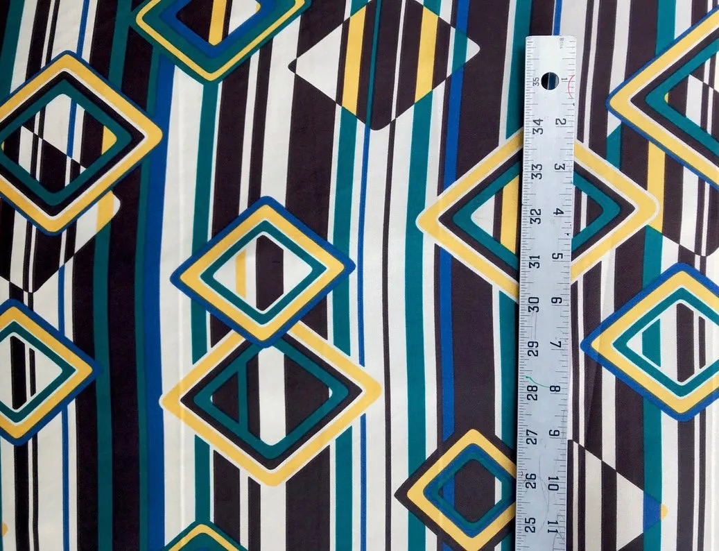 Charmeuse Satin fabric by the yard - Geometric brown mustard print
