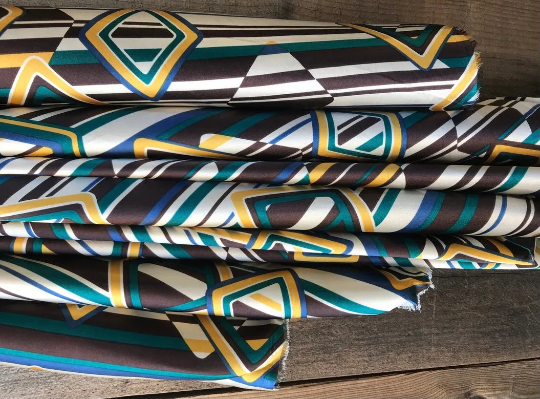 Charmeuse Satin fabric by the yard - Geometric brown mustard print