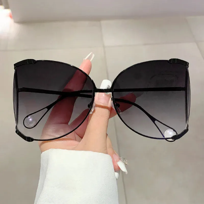 Classy lady Oversized Metal Sunglasses Vintage Big Frame Pearl Shades