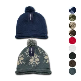 Decky Snowflake Winter Warm Knitted Solid Roll Up Beanies Ski Pom Pom Unisex