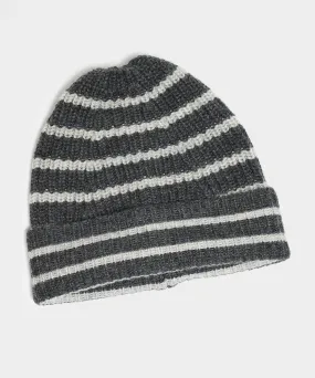Drake's Lambswool Stripe Beanie in Grey