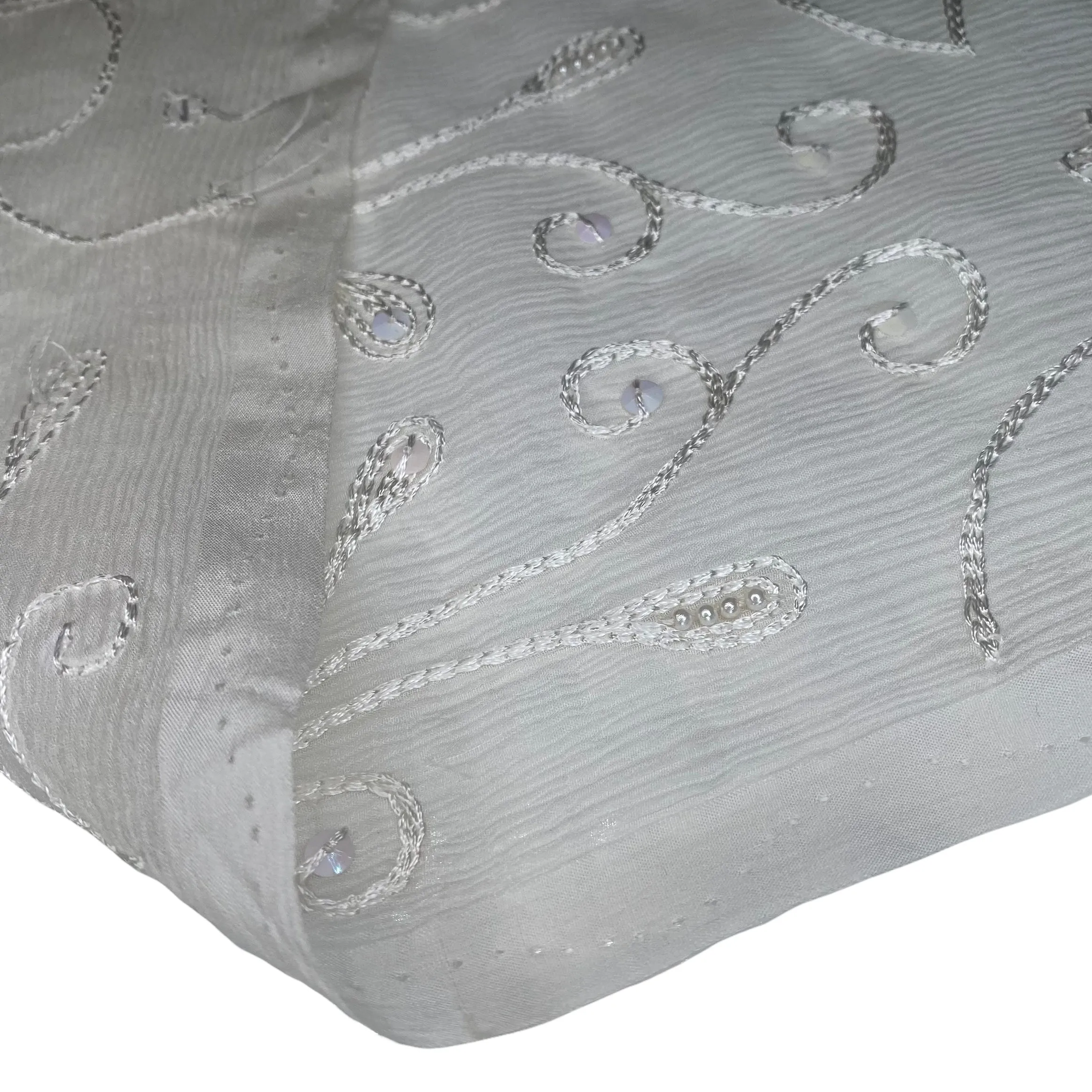 Embroidered Beaded Crinkled Silk Chiffon - White