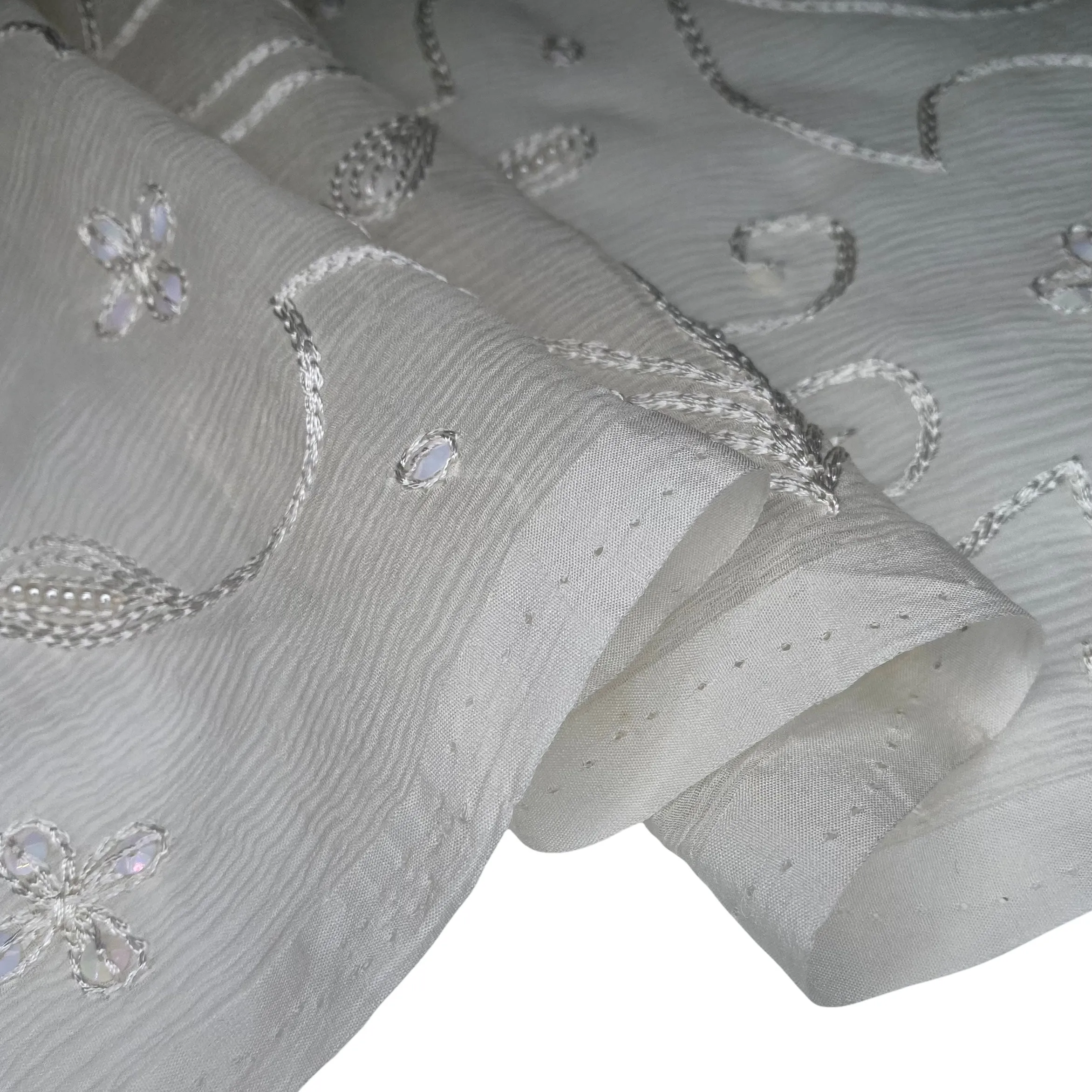 Embroidered Beaded Crinkled Silk Chiffon - White