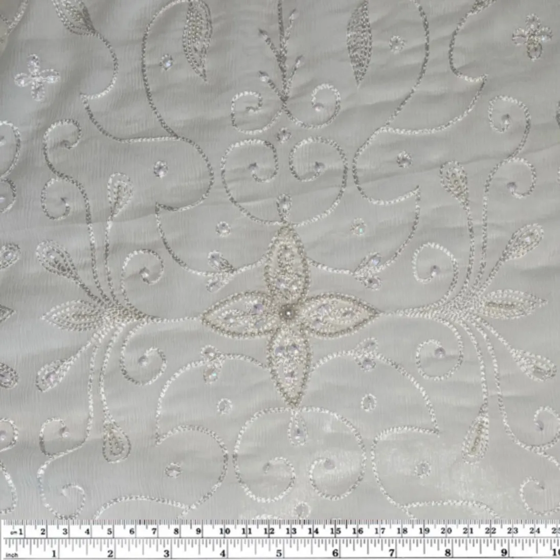 Embroidered Beaded Crinkled Silk Chiffon - White
