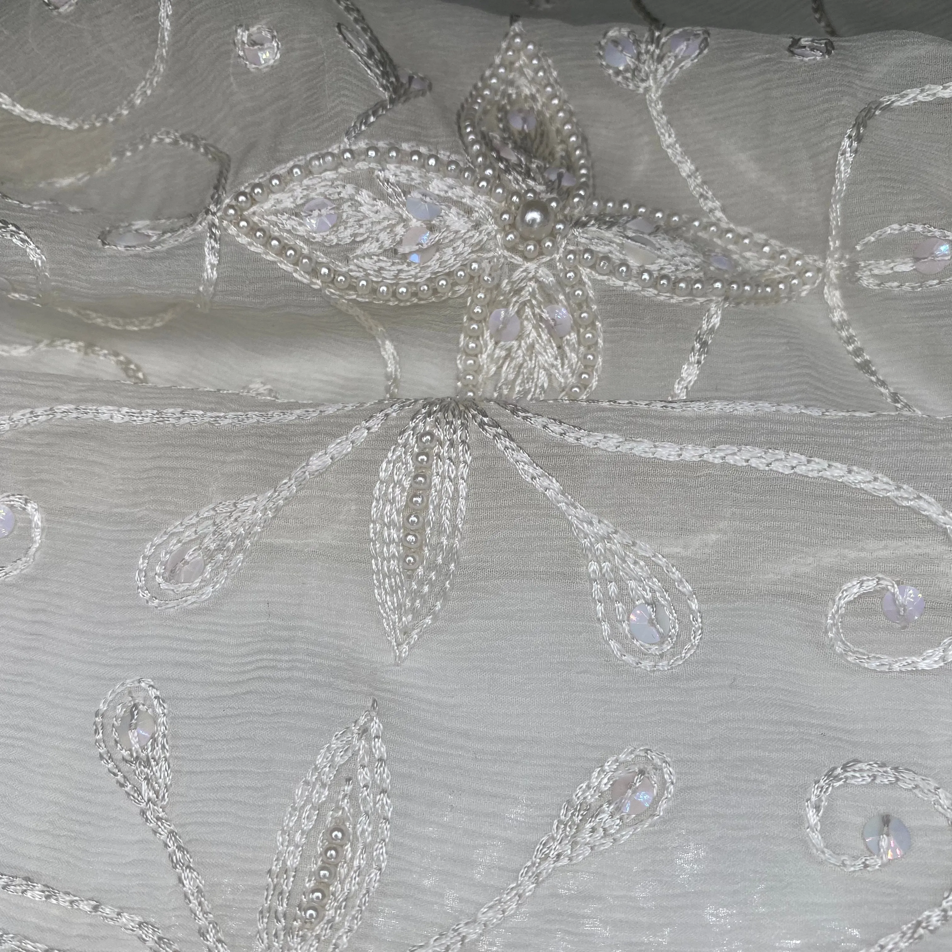 Embroidered Beaded Crinkled Silk Chiffon - White