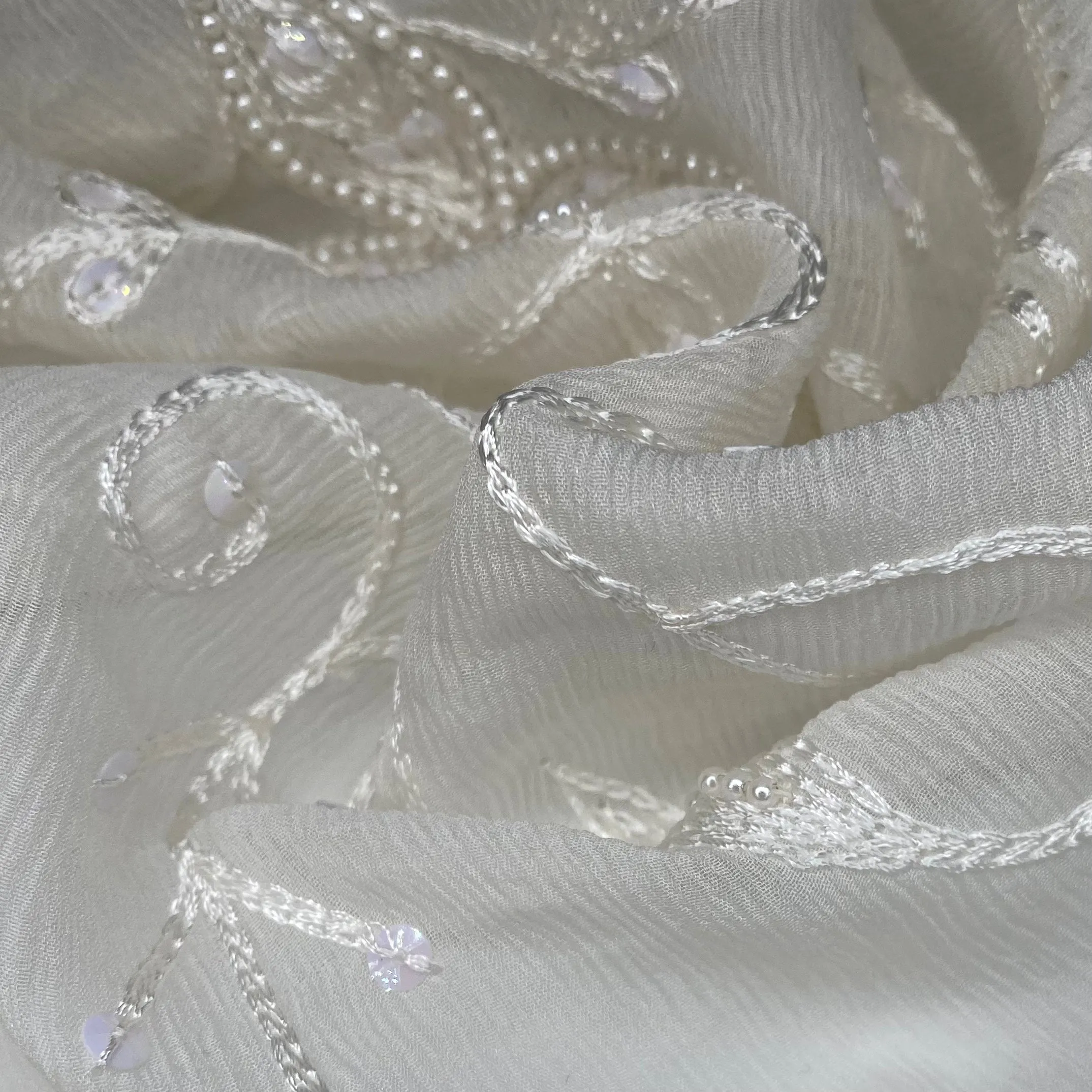 Embroidered Beaded Crinkled Silk Chiffon - White