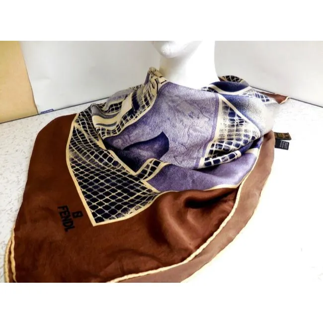 Fendi Purple Brown Blue Black And White Silk Extra Large Scarf