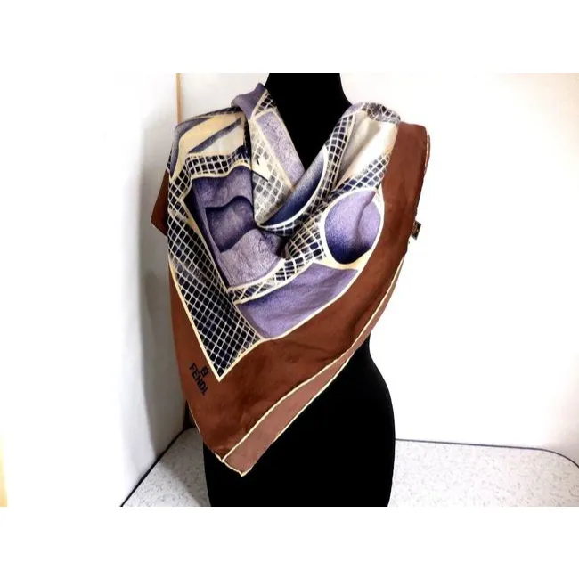 Fendi Purple Brown Blue Black And White Silk Extra Large Scarf