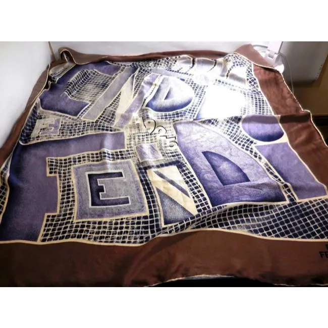 Fendi Purple Brown Blue Black And White Silk Extra Large Scarf