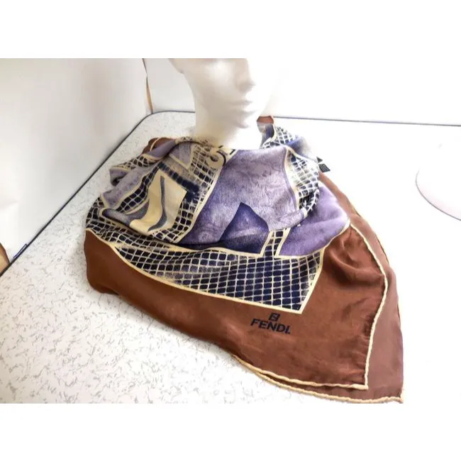 Fendi Purple Brown Blue Black And White Silk Extra Large Scarf