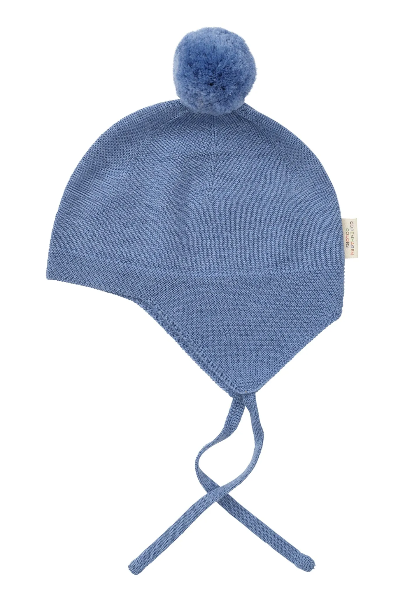 MERINO KNITTED BABY BONNET W. POMPOM - BLUE