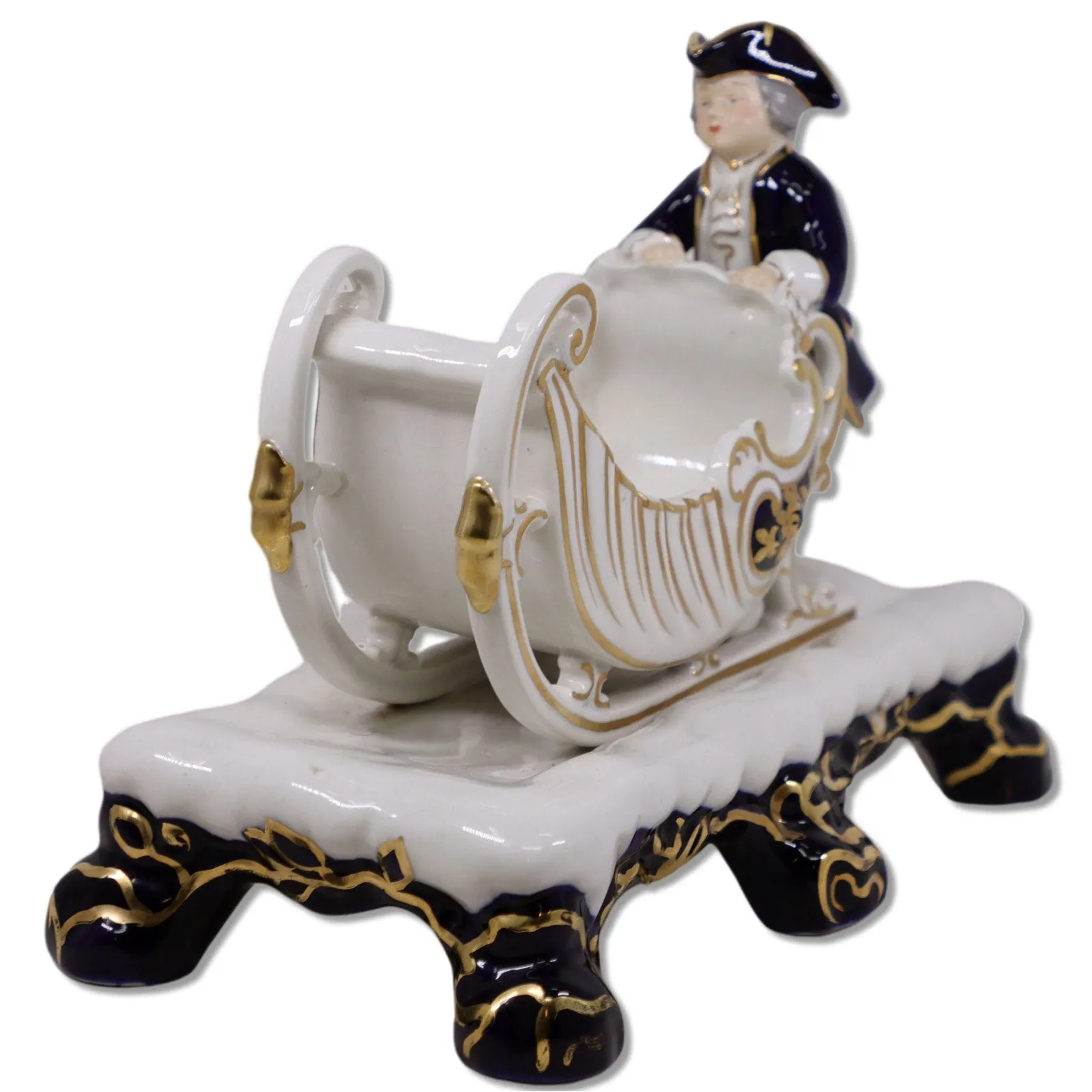 Porcelain Boy with Sleigh Biscuit Cachepot 10" Gold Trimmed Cobalt Blue Vintage