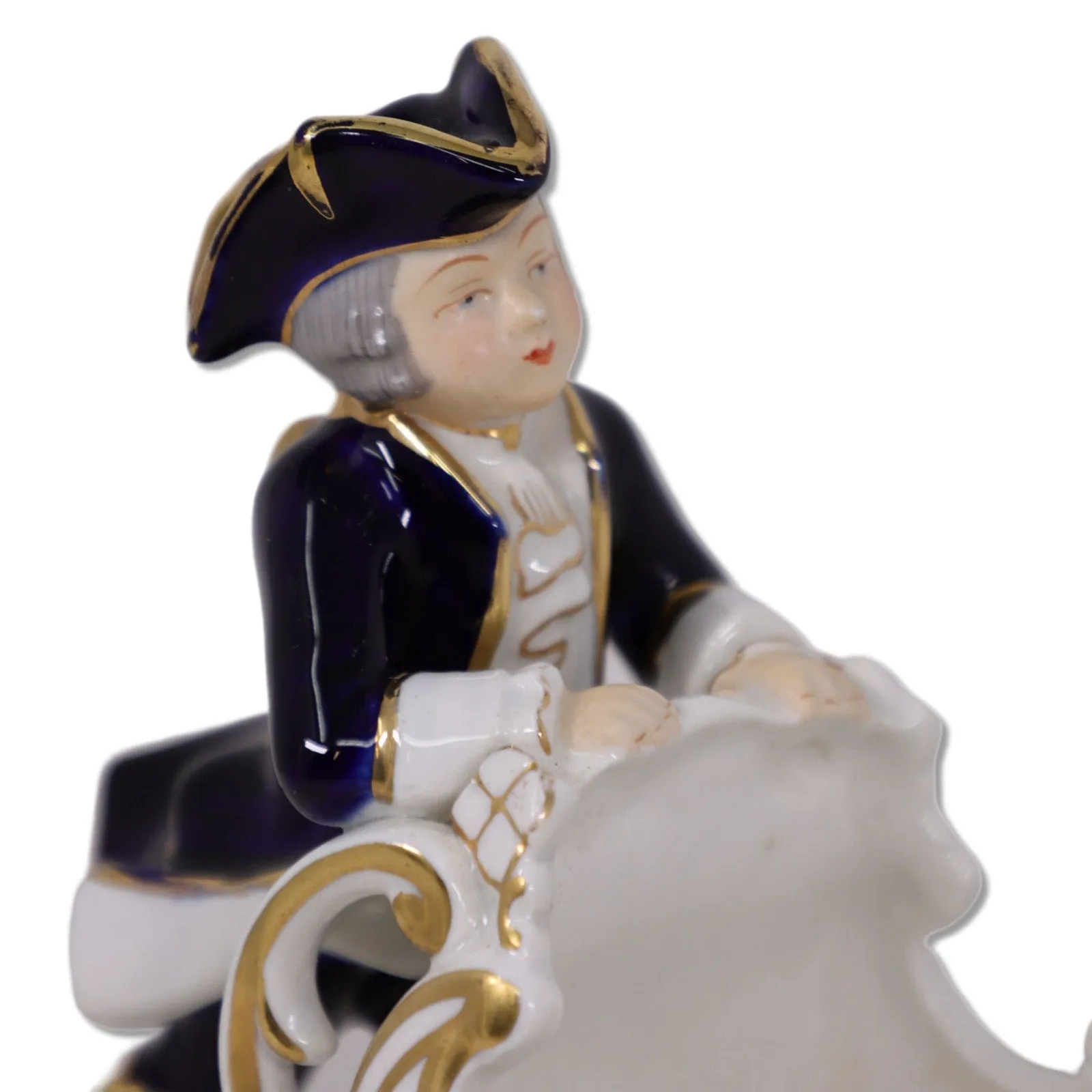 Porcelain Boy with Sleigh Biscuit Cachepot 10" Gold Trimmed Cobalt Blue Vintage