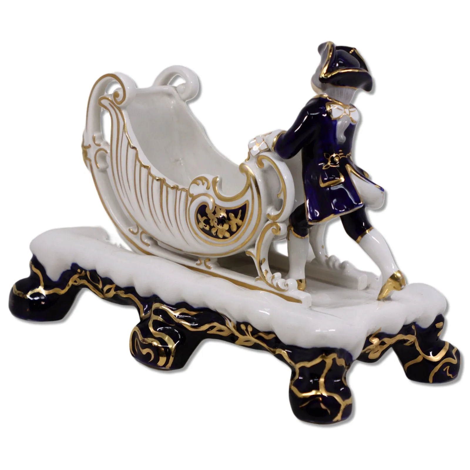 Porcelain Boy with Sleigh Biscuit Cachepot 10" Gold Trimmed Cobalt Blue Vintage