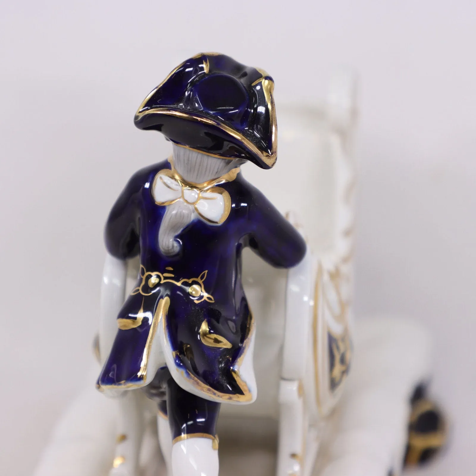 Porcelain Boy with Sleigh Biscuit Cachepot 10" Gold Trimmed Cobalt Blue Vintage