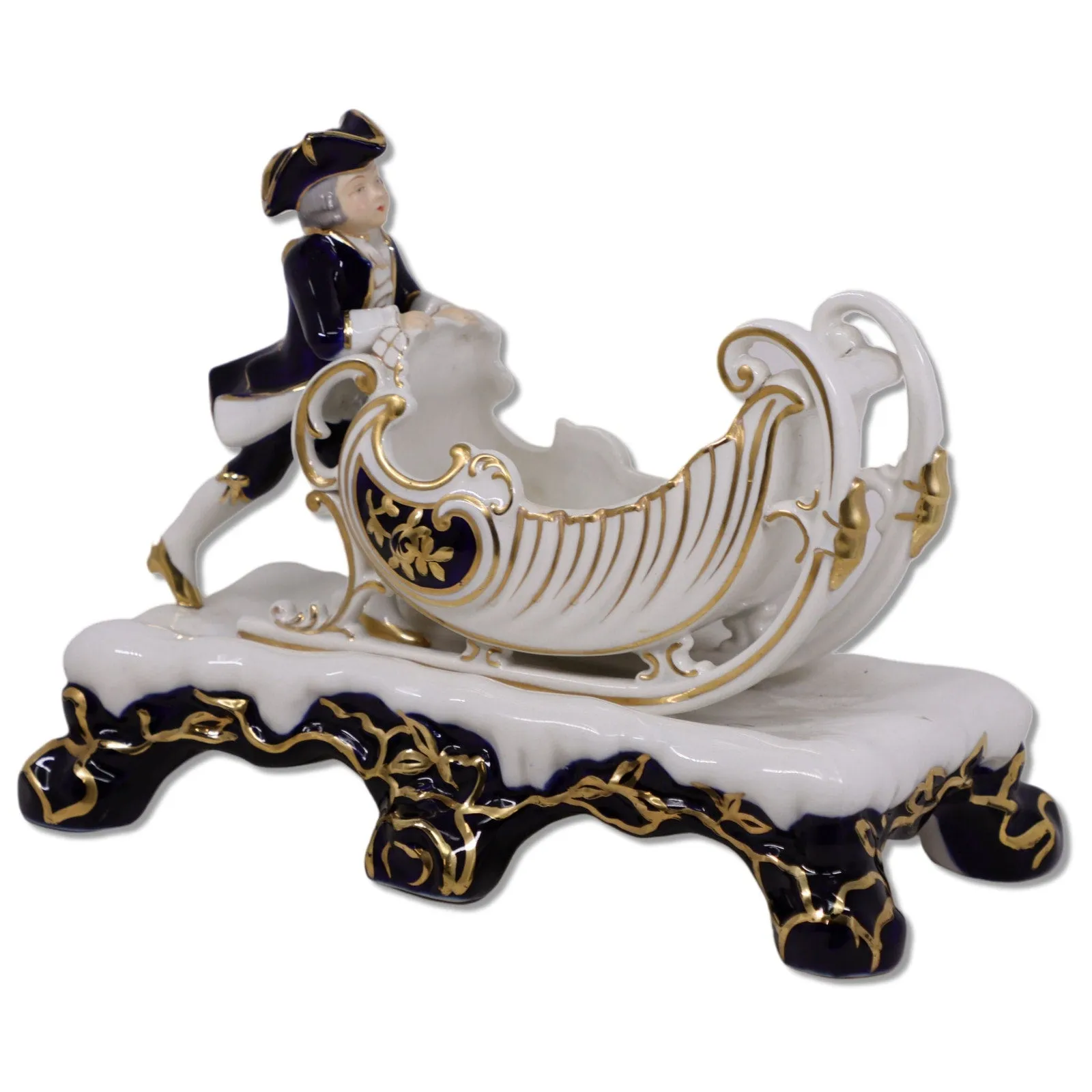 Porcelain Boy with Sleigh Biscuit Cachepot 10" Gold Trimmed Cobalt Blue Vintage