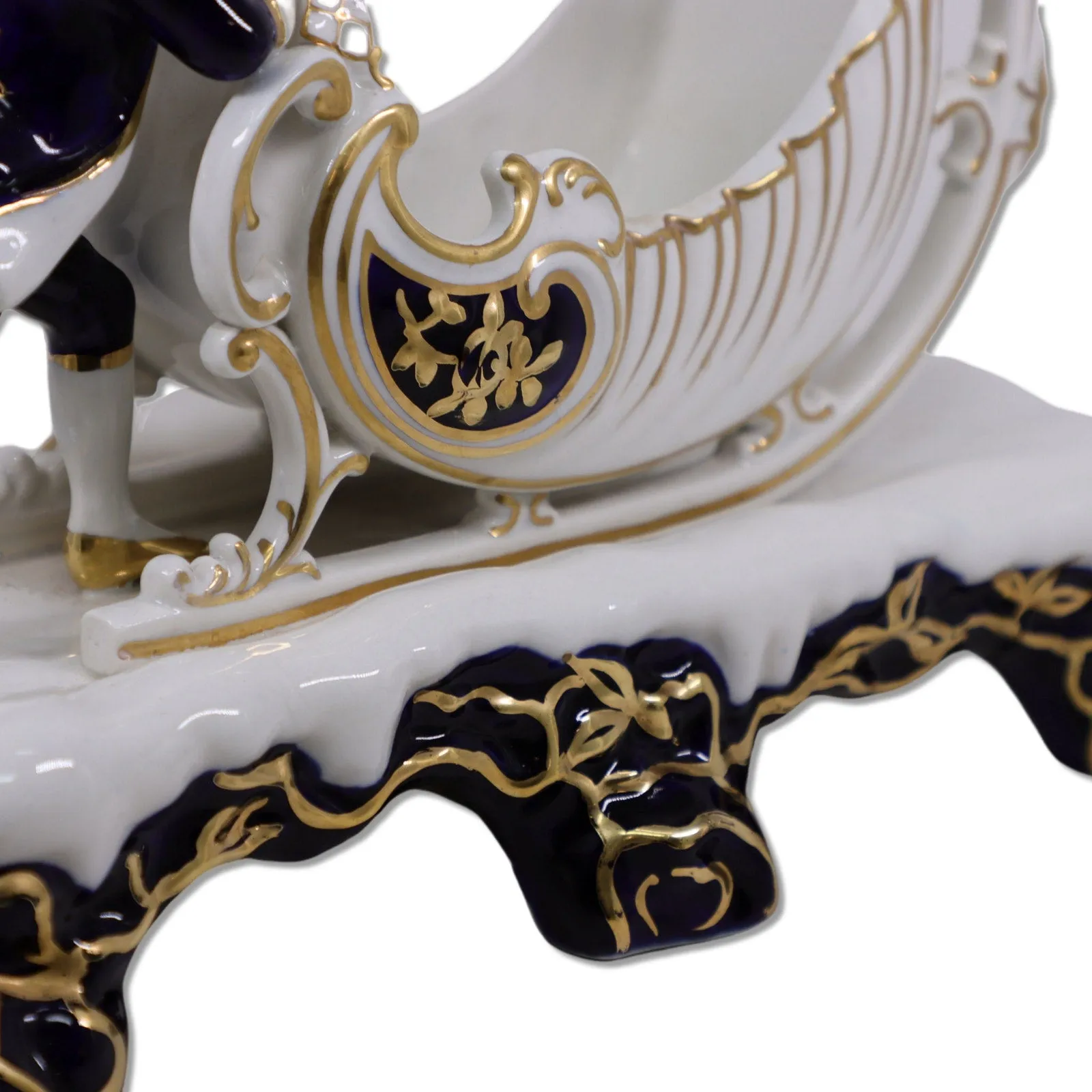 Porcelain Boy with Sleigh Biscuit Cachepot 10" Gold Trimmed Cobalt Blue Vintage