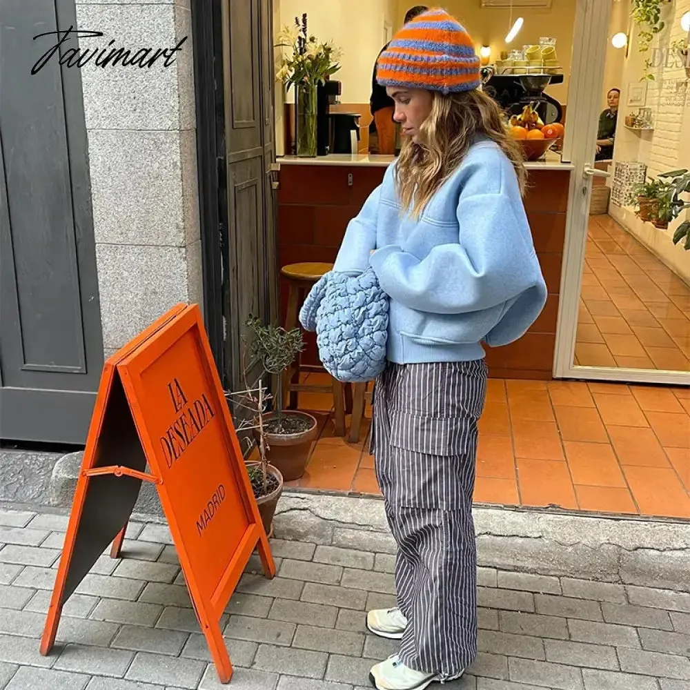 Tavimart Contrast Striped Knitted Hat for Women Winter Thickened Warm Beanies Thermal Soft Caps Fashion Brimless Ear Protection Hat