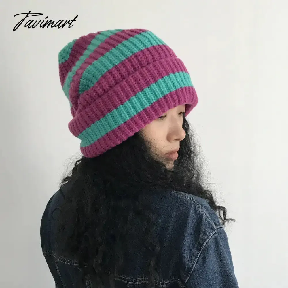 Tavimart Contrast Striped Knitted Hat for Women Winter Thickened Warm Beanies Thermal Soft Caps Fashion Brimless Ear Protection Hat