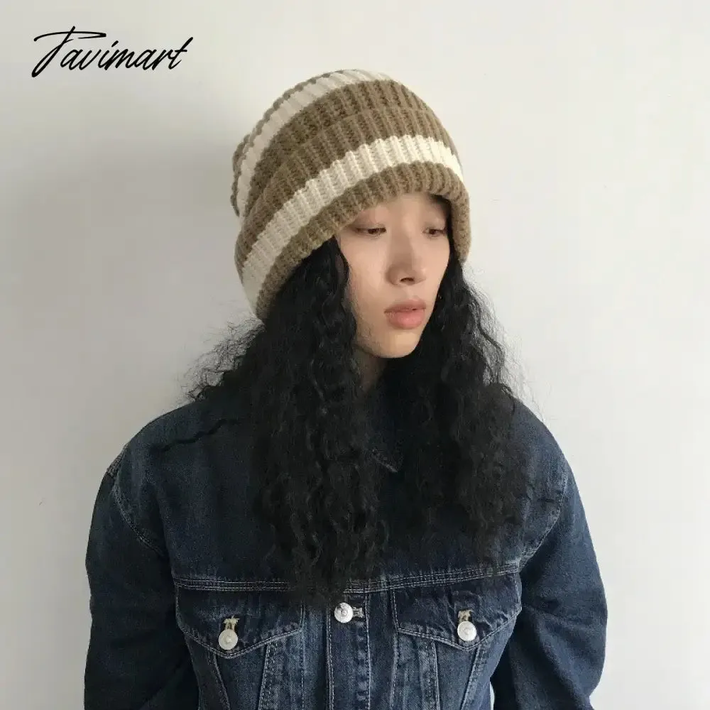 Tavimart Contrast Striped Knitted Hat for Women Winter Thickened Warm Beanies Thermal Soft Caps Fashion Brimless Ear Protection Hat