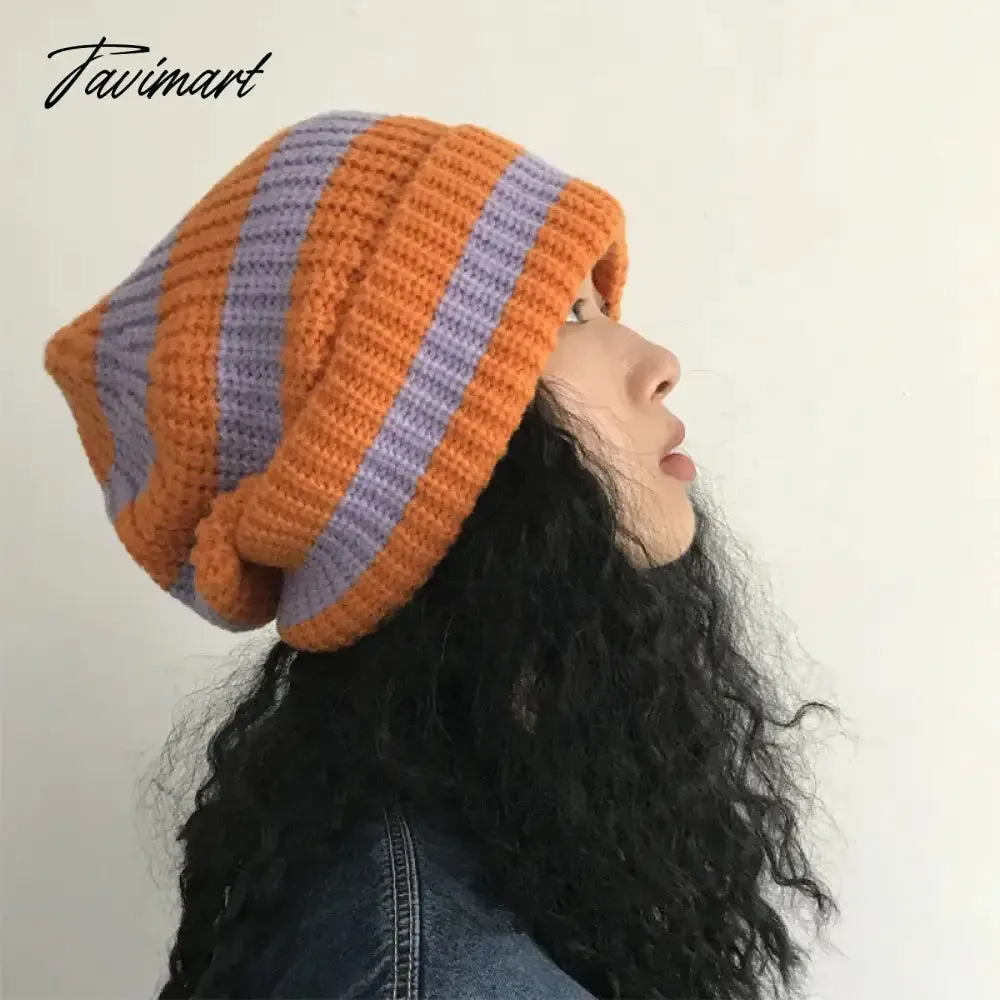 Tavimart Contrast Striped Knitted Hat for Women Winter Thickened Warm Beanies Thermal Soft Caps Fashion Brimless Ear Protection Hat