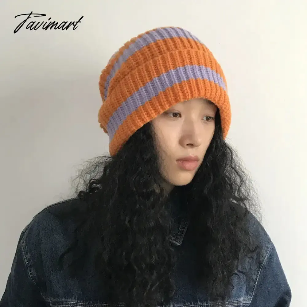 Tavimart Contrast Striped Knitted Hat for Women Winter Thickened Warm Beanies Thermal Soft Caps Fashion Brimless Ear Protection Hat