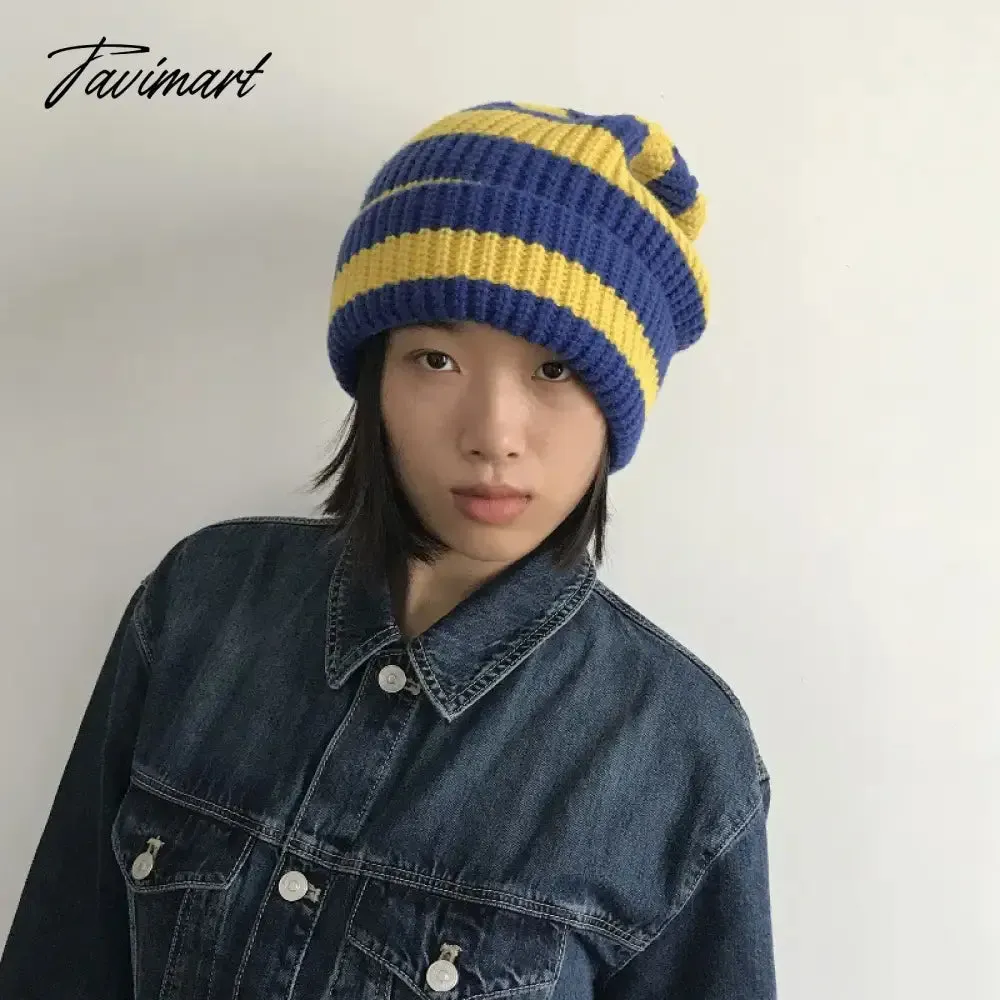 Tavimart Contrast Striped Knitted Hat for Women Winter Thickened Warm Beanies Thermal Soft Caps Fashion Brimless Ear Protection Hat