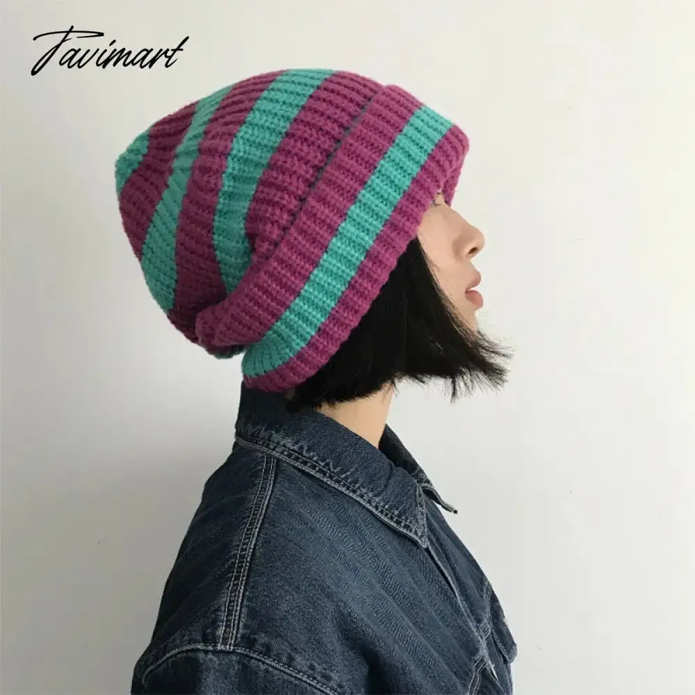 Tavimart Contrast Striped Knitted Hat for Women Winter Thickened Warm Beanies Thermal Soft Caps Fashion Brimless Ear Protection Hat