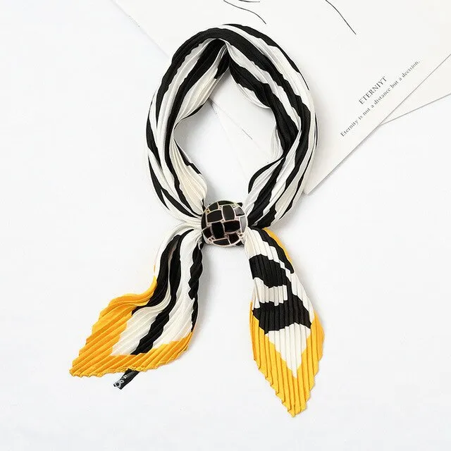 Women Pleated Chic Houndstooth Bandana Crinkle Silk Neck Scarf New Design Office Lady Neck wear Fashion Print Foulard